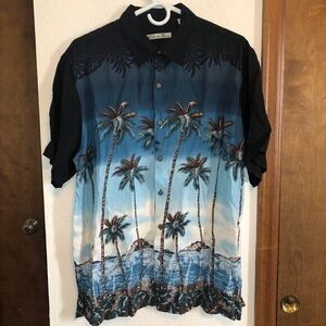 Batik Bay Men's Large‎ Blue Vintage Tropical Hawaiian Palm Tree Ocean Shirt